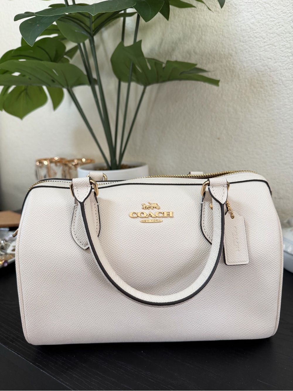 COACH Pebbled Leather Rowan Satchel in Chalk